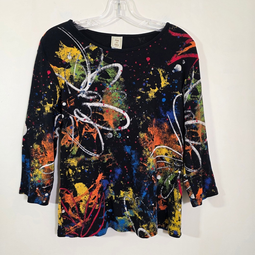 Jess & Jane Women Shirt Color Splash Rhinestone Abstract Floral Black sz Medium